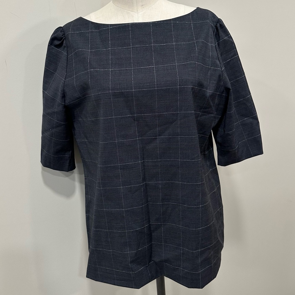 BANANA REPUBLIC Boat Neck Black and Silver Plaid Wool Blend Top Size Medium